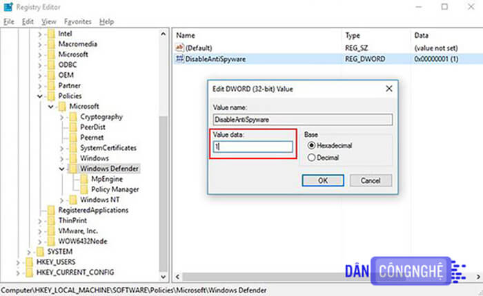 Tắt Windows Defender bằng Windows Registry 3