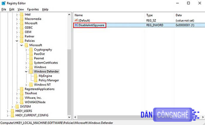 Tắt Windows Defender bằng Windows Registry 2